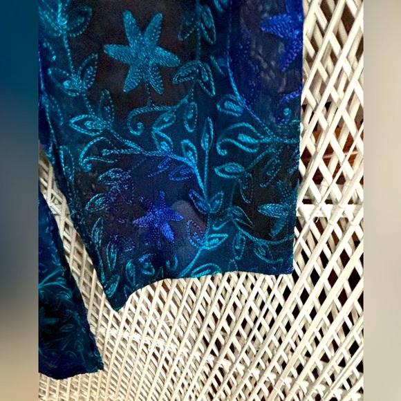 DRAPERS & DAMONS SILK TOP BLACK ROYAL BLUE & TEAL BROCADE WOMENS BLOUSE SZ L - Picture 9 of 9